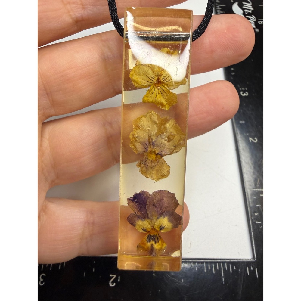 Handmade Pressed Flower Resin Pendant Necklace Yellow Purple Pansy Botanical Bar
